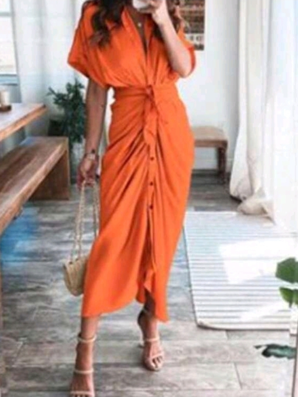 Orange Button-Front Shirtdress with Front Gather